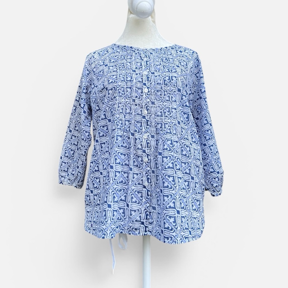 Talbots Button Front Pintuck Detail Peasant Blouse in Blue/White Print Sz SP